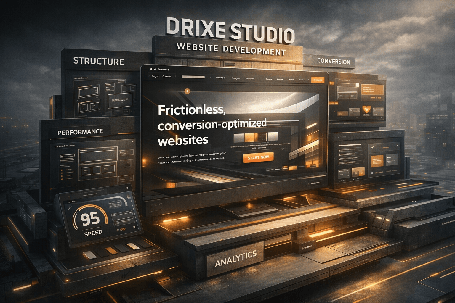 Drixe Studio Website Development System: 3D Brutalist Architecture showcasing structure, speed, and conversion goals.